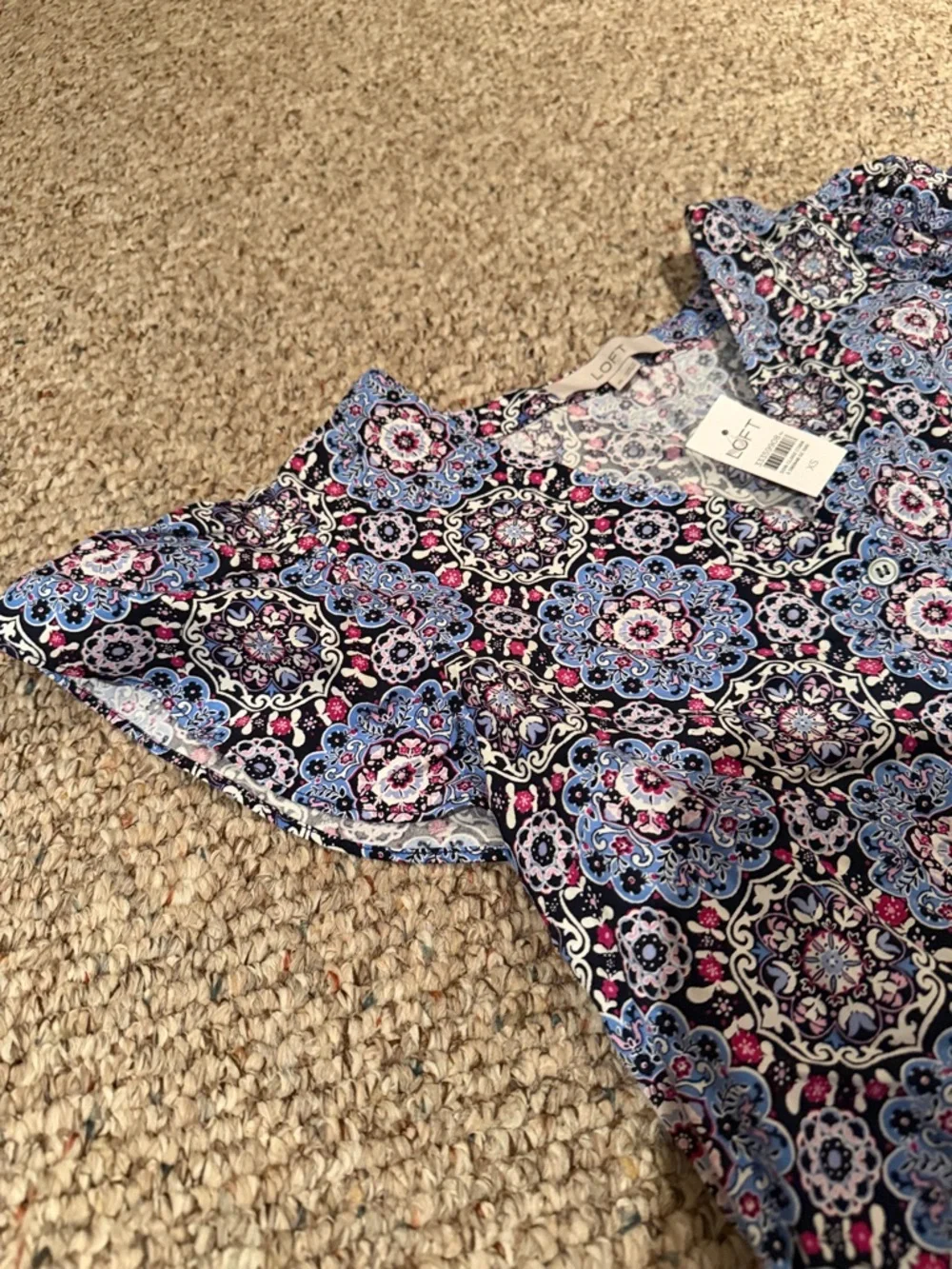 LOFT Blue Floral Medallion Mini Dress with Pink Highlights - Picture 7 of 9